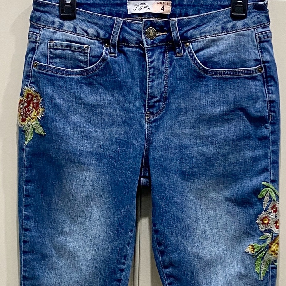 Royalty For Me Mid Rise 4 Blue Floral Embroidered Festival Y2K Indie Denim Jeans - Picture 2 of 10